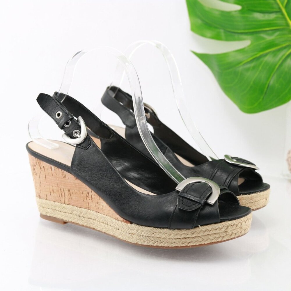 Franco Sarto Women Kendra Sandal Size 9.5 Black Leather Slingback Platform Wedge